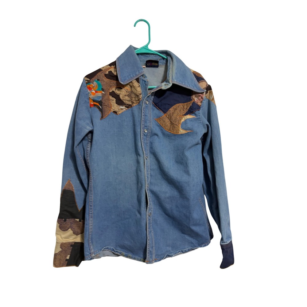 Brittania Denim Shirt Patchwork Western Blue Vintage 70s Snap Button XL